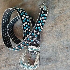 NWT Western Black Glitter and Turquoise Rhinestone Studded Belt